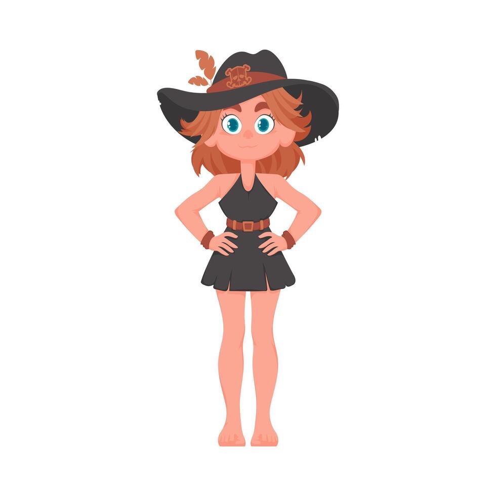 Funny and cute female pirate. Girl in a pirate costume. Cartoon style vector