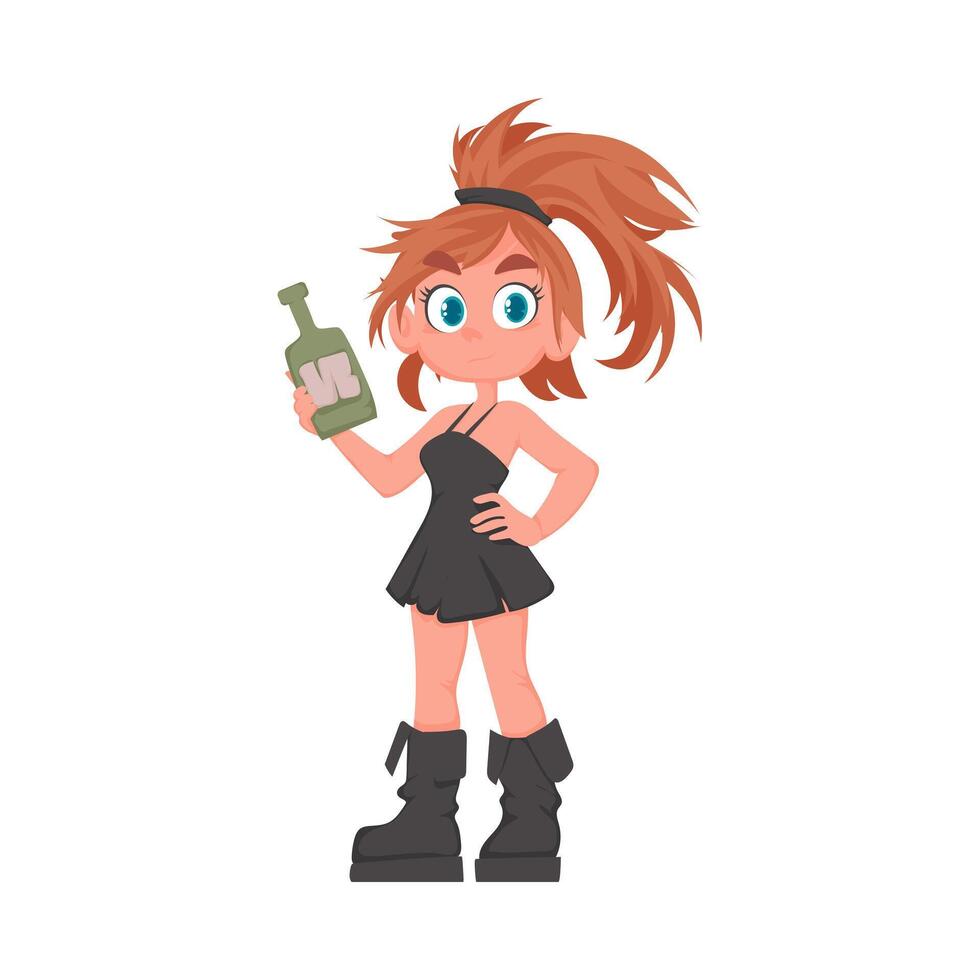 Funny and cute female pirate holding a bottle of rum. Cartoon style vector