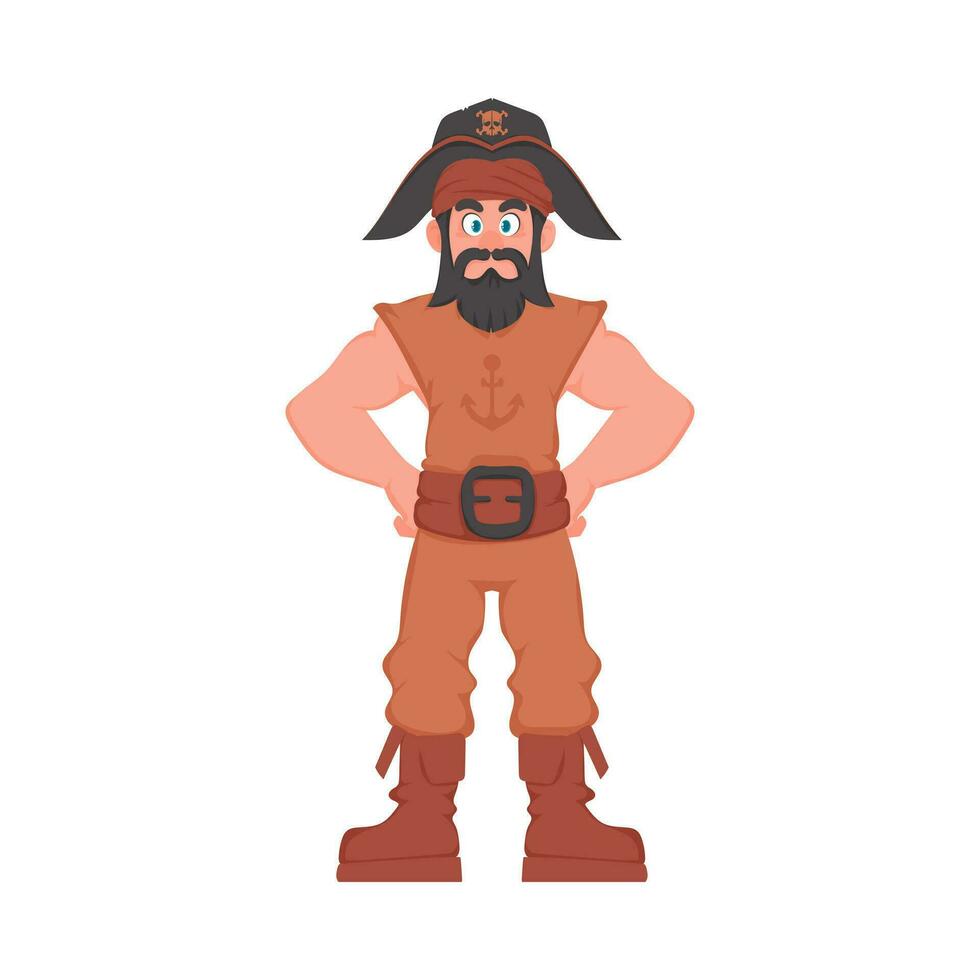 gracioso y estricto hombre pirata. chico en un pirata traje. dibujos animados estilo vector
