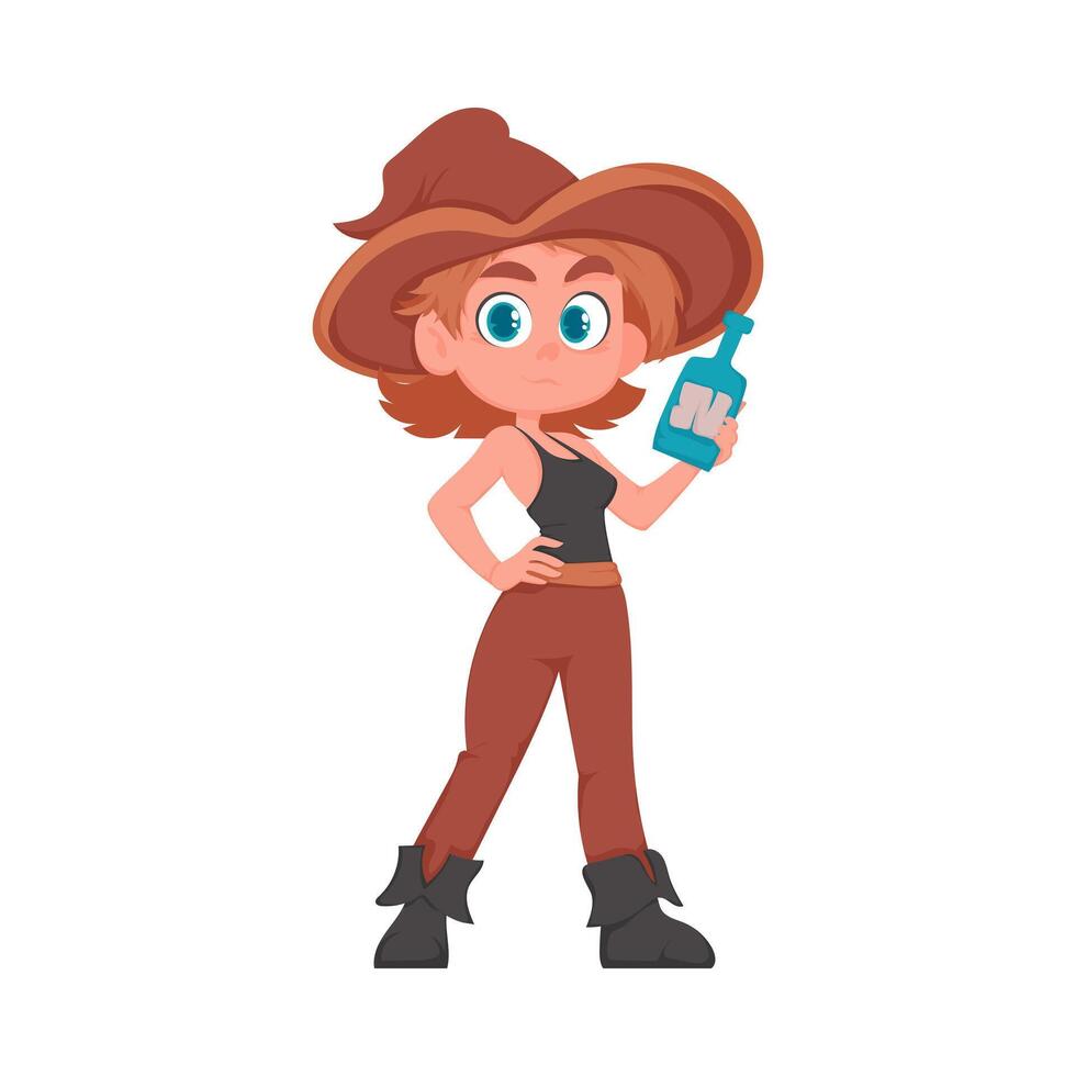 Funny and cute female pirate holding a bottle of rum. Cartoon style vector