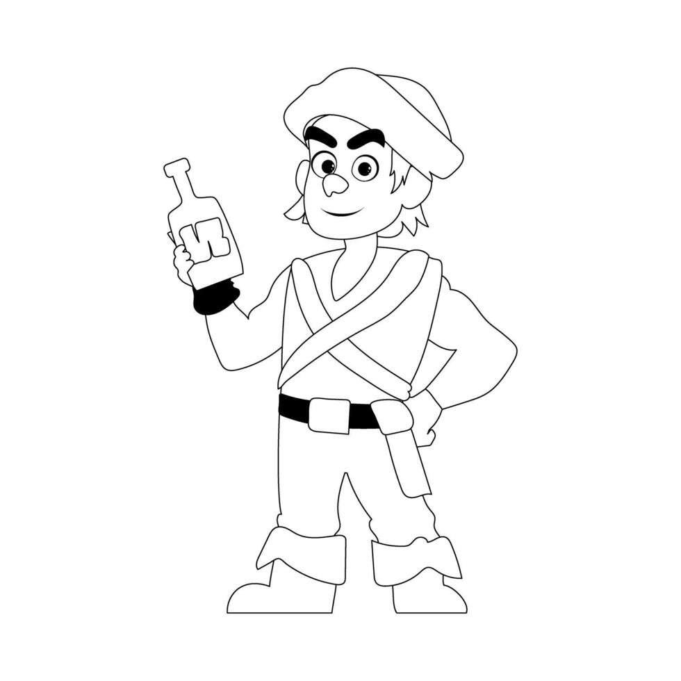 Funny and cute male pirate holding a bottle of rum. Coloring style vector