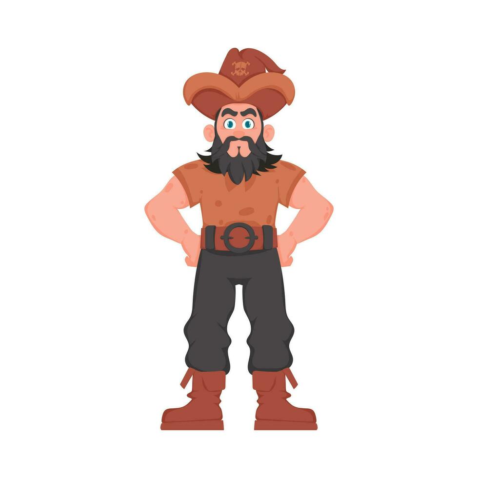 Funny and strict man pirate. Guy in a pirate costume. Cartoon style vector