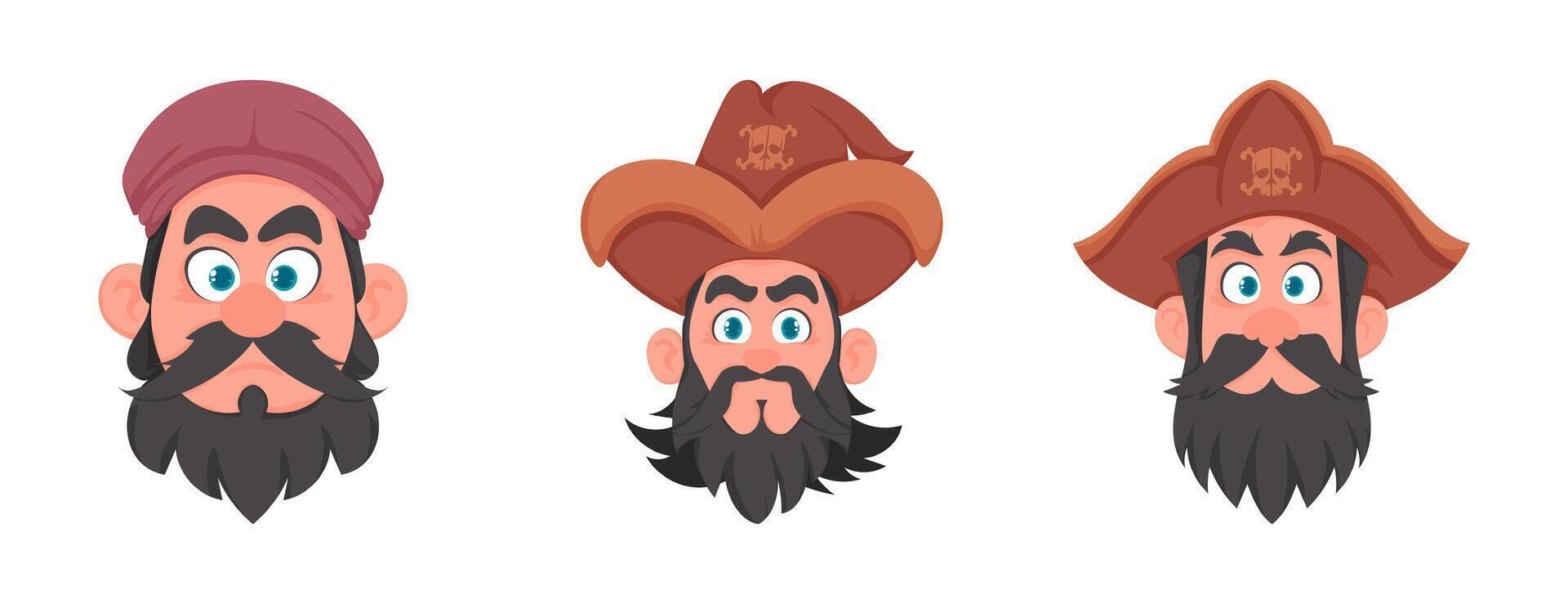 Set of various faces of pirates and robbers. Cartoon style vector