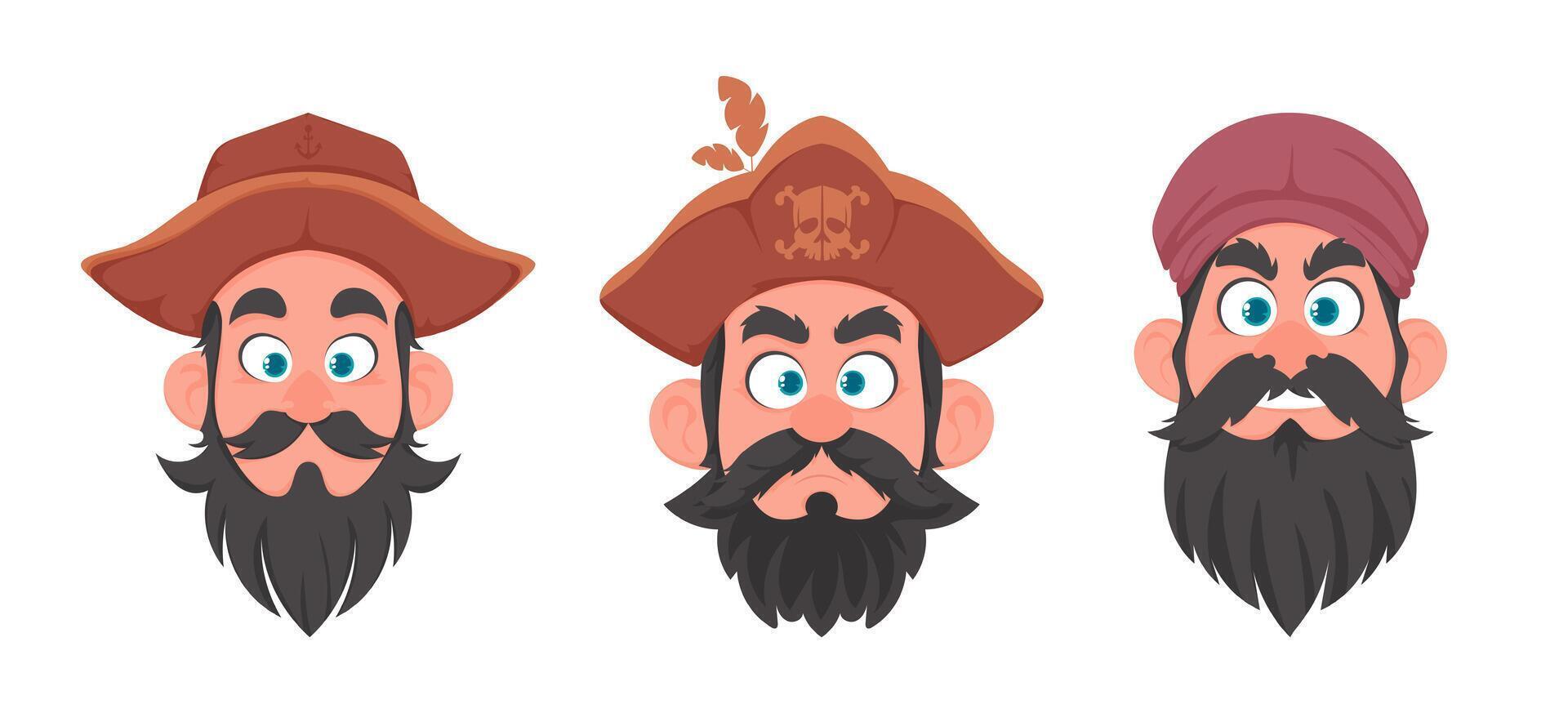 Cartoon pirate characters with beards and hats vector