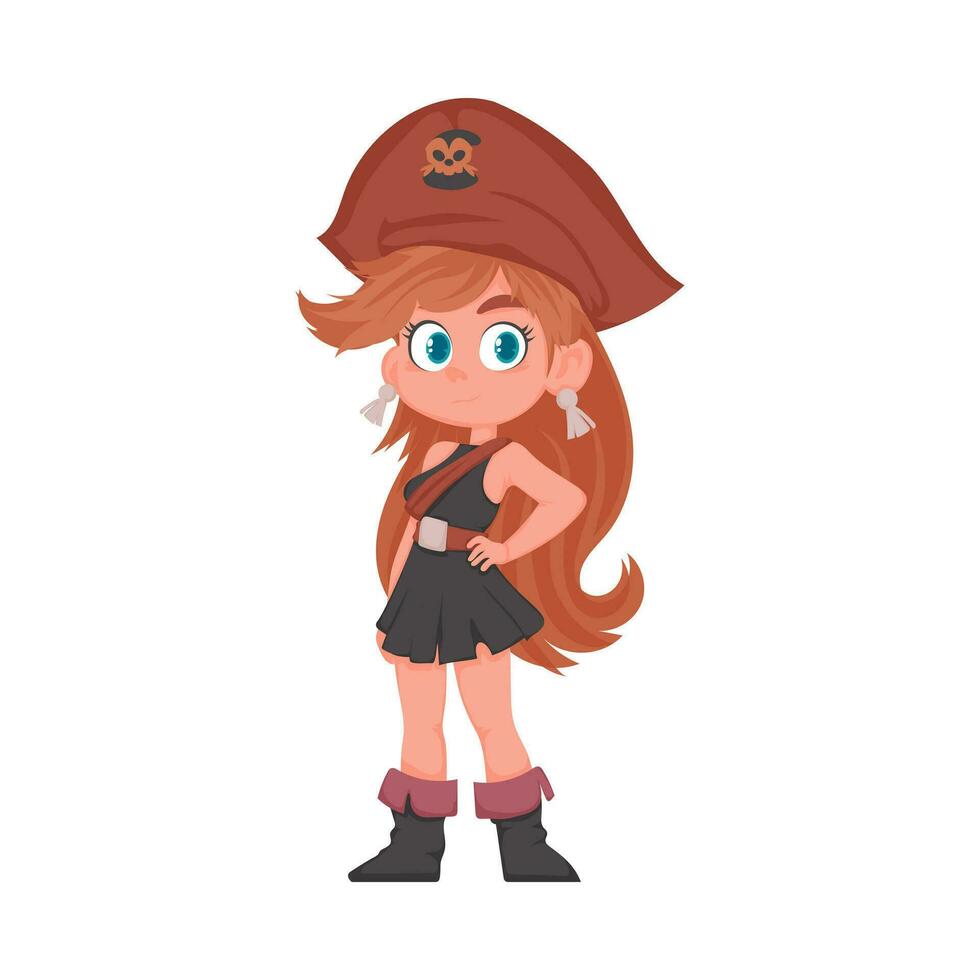 gracioso y linda hembra pirata. niña en un pirata traje. dibujos animados estilo vector