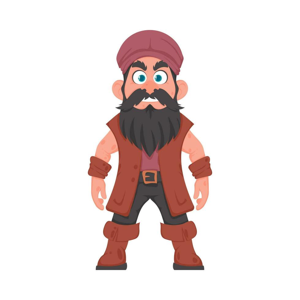 Funny and strict man pirate. Guy in a pirate costume. Cartoon style vector