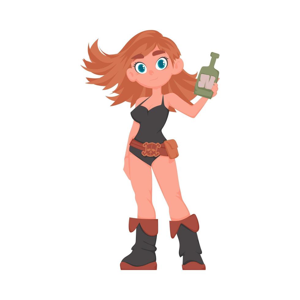 Funny and cute female pirate holding a bottle of rum. Cartoon style vector