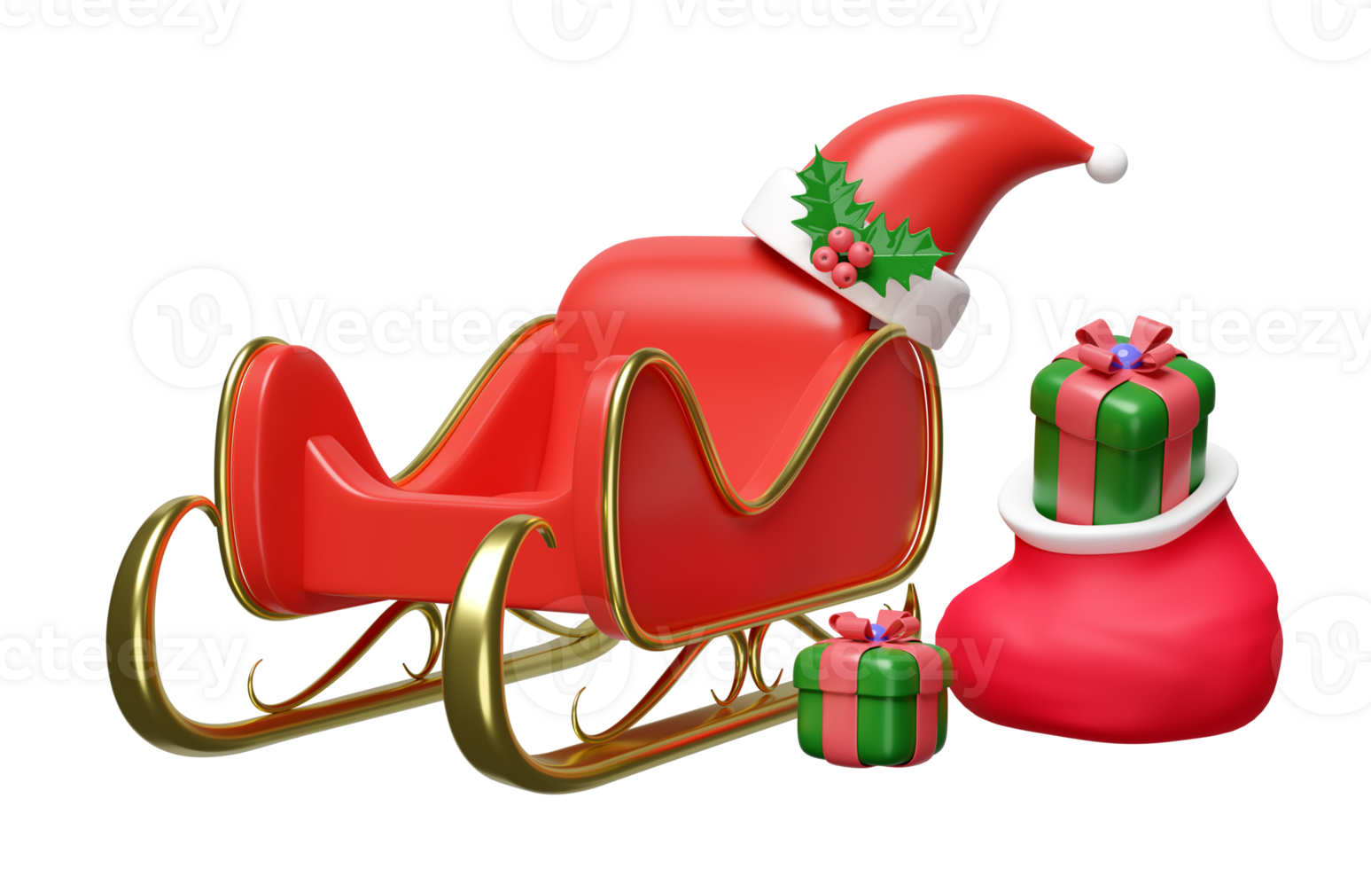 3d sleigh with bag, gift box, hat, holly berry leaves isolated. merry christmas and happy new year, 3d render illustration png