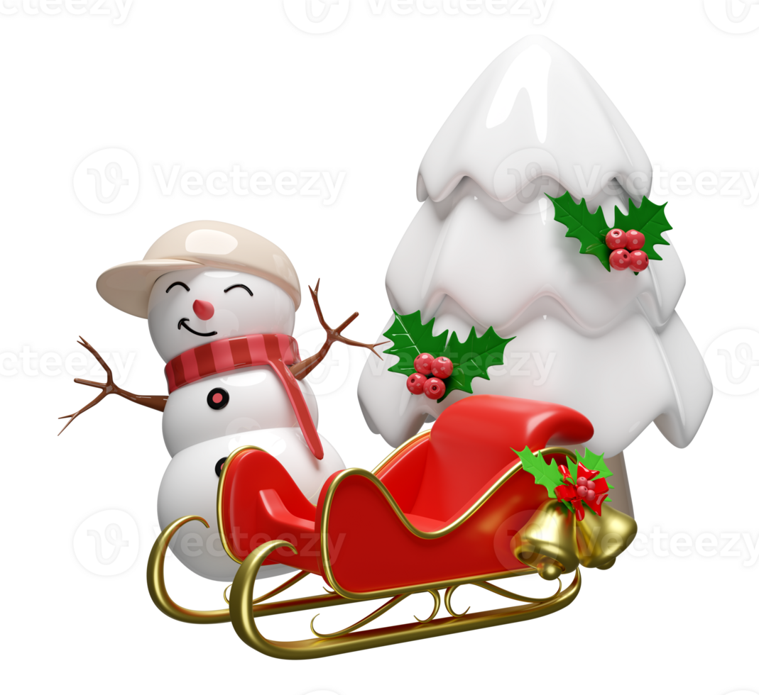 3d snowman with sleigh, pine tree,  hat, holly berry leaves, Jingle bell. merry christmas and happy new year, 3d render illustration png