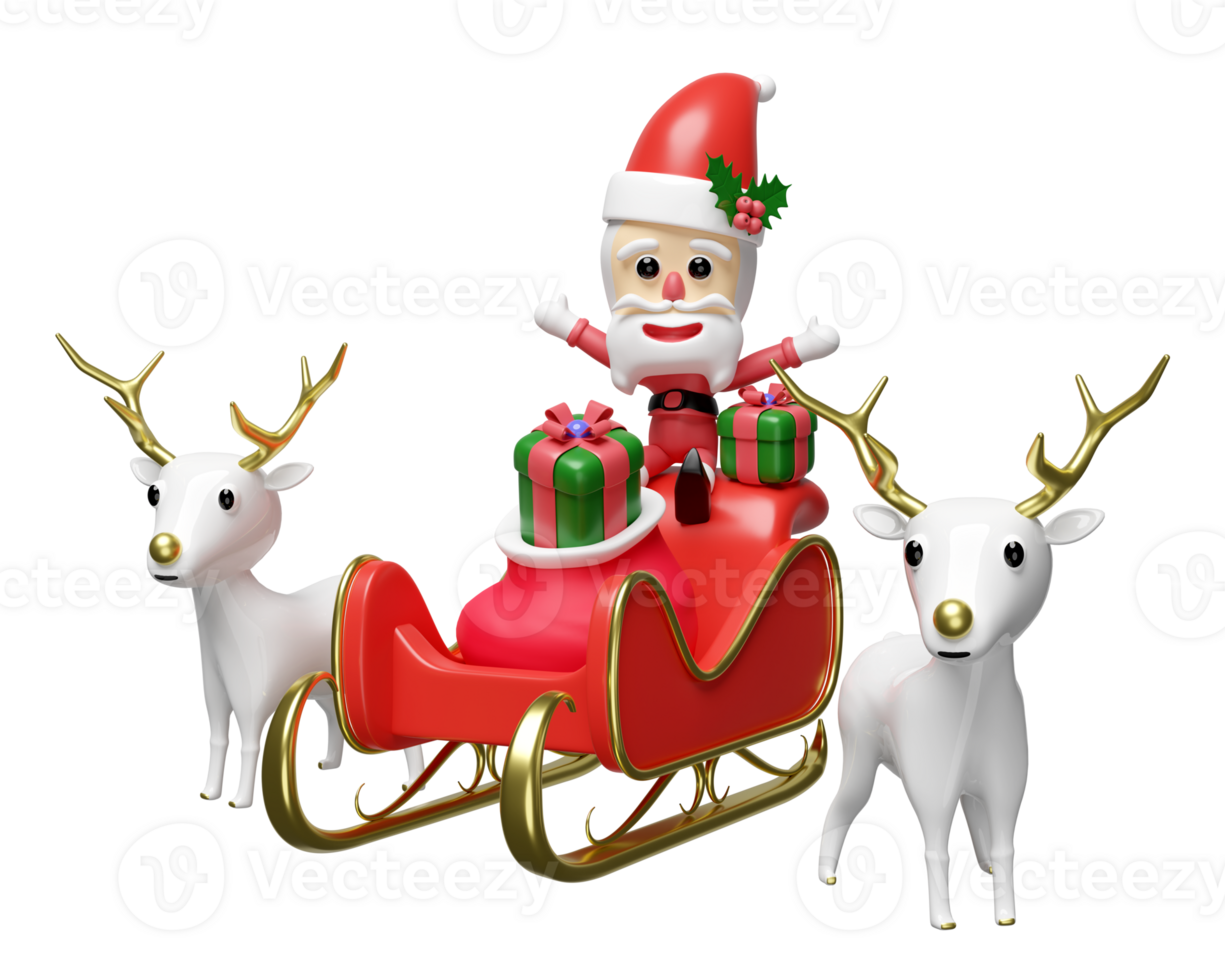 3d Santa claus with reindeer, sleigh, gift box, hat, bag isolated. merry christmas and happy new year, 3d render illustration png