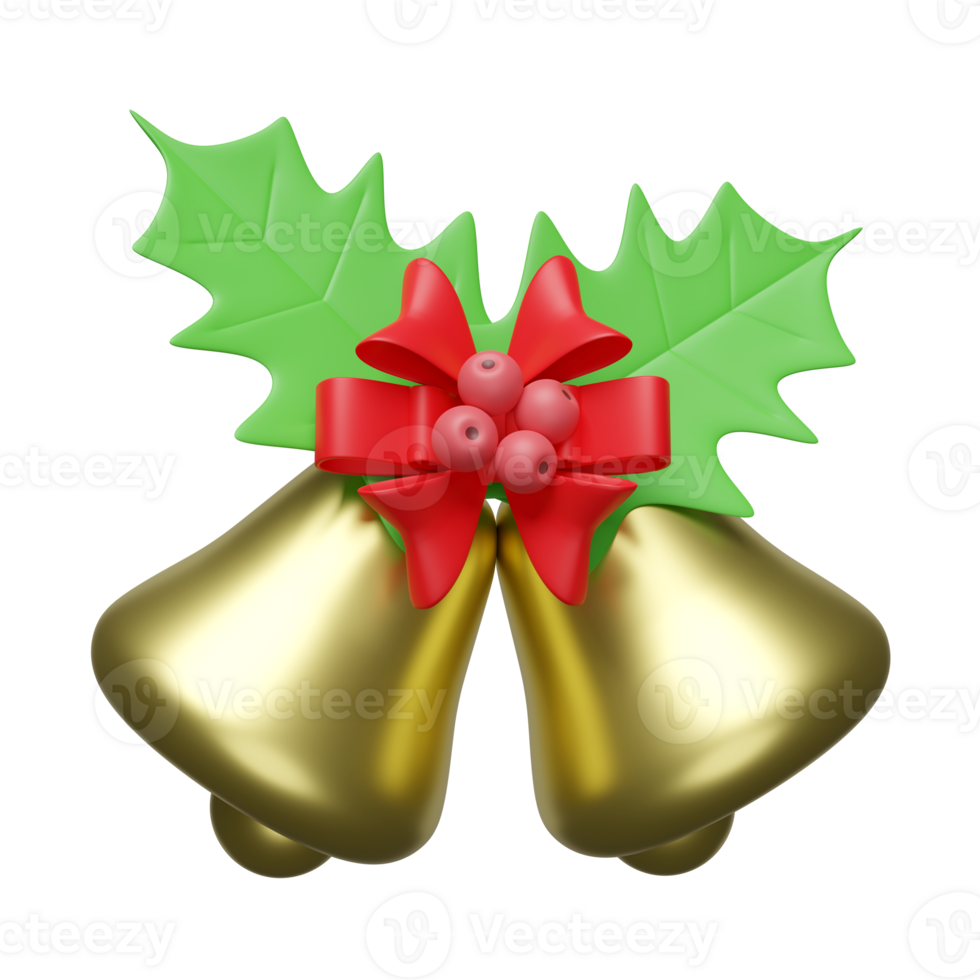 golden color Jingle bell with red bow, holly berry leaves isolated. merry christmas and happy new year, 3d render illustration png