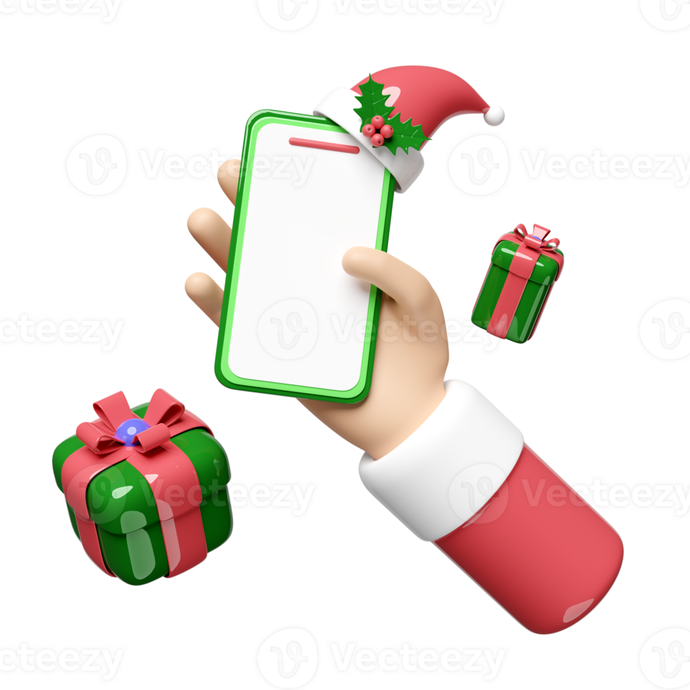 santa claus hands holding mobile phone or smartphone with gift box, hat, holly berry leaves isolated. online shopping, merry christmas and happy new year, 3d render illustration png