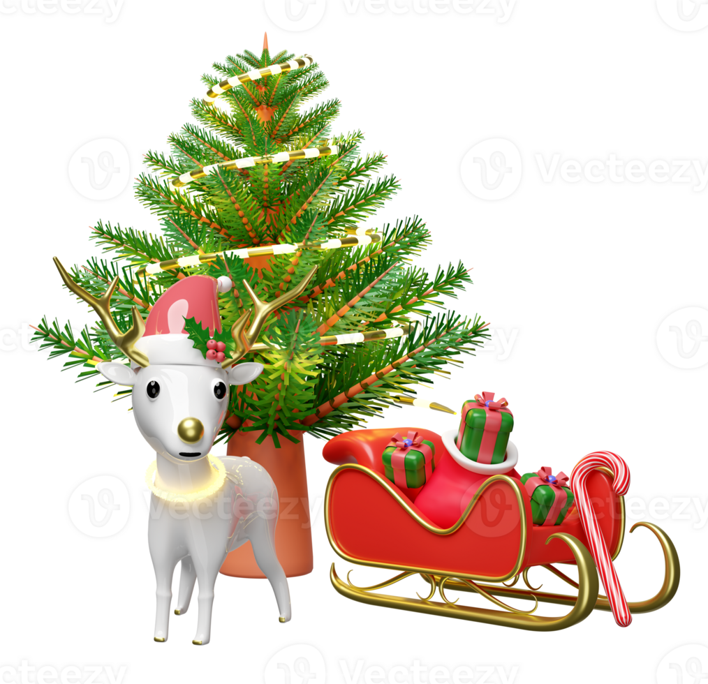 3d reindeer with sleigh, pine tree, gift box, hat isolated. merry christmas and happy new year, 3d render illustration png