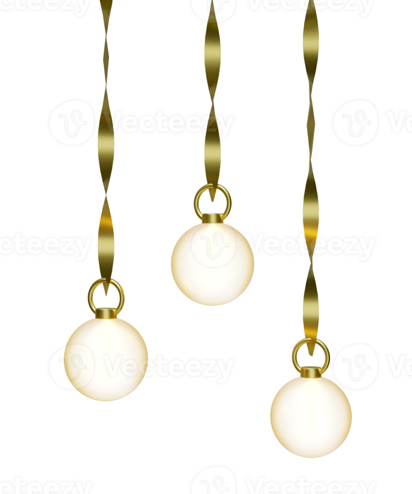 christmas ornaments with gold tinsel. merry christmas and happy new year, 3d render illustration png