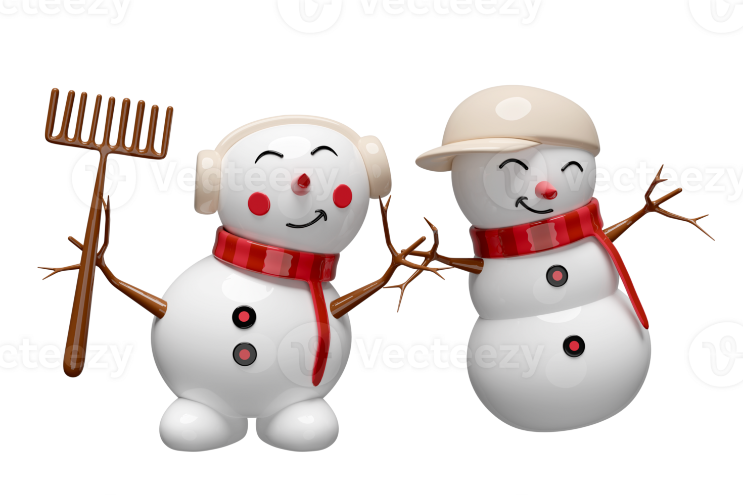 3d snowman and friend with hat, scarf, broom. merry Christmas and festive New Year, 3d render illustration png