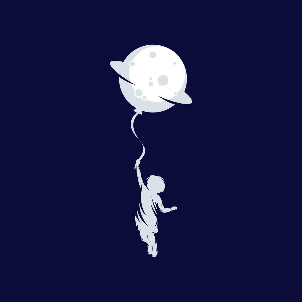 Little kid flies with a moon balloon vector