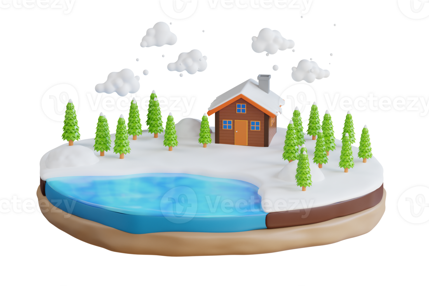 Winter landscape 3d illustration. winter landscape and frozen river in the forest png
