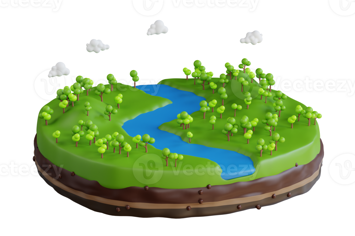 3d illustration of river in the woods. blue river among green meadows with trees png