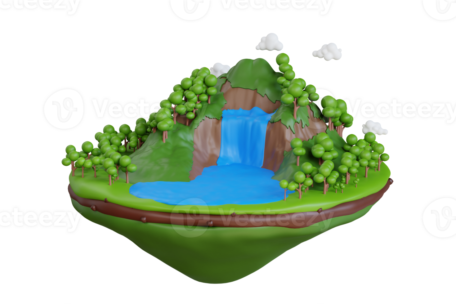 waterfall 3d illustration. 3d illustration of floating forest island with green grass, waterfall and mountain png