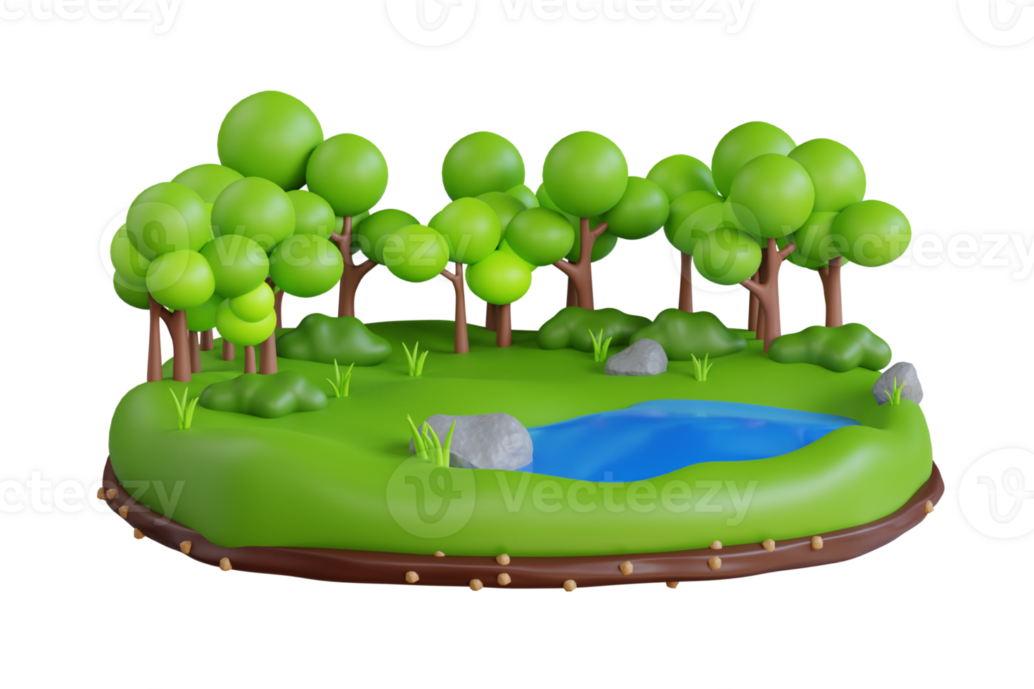 Forest scene with little pond 3d illustration. Pond surrounded by green grass in the middle of the forest png