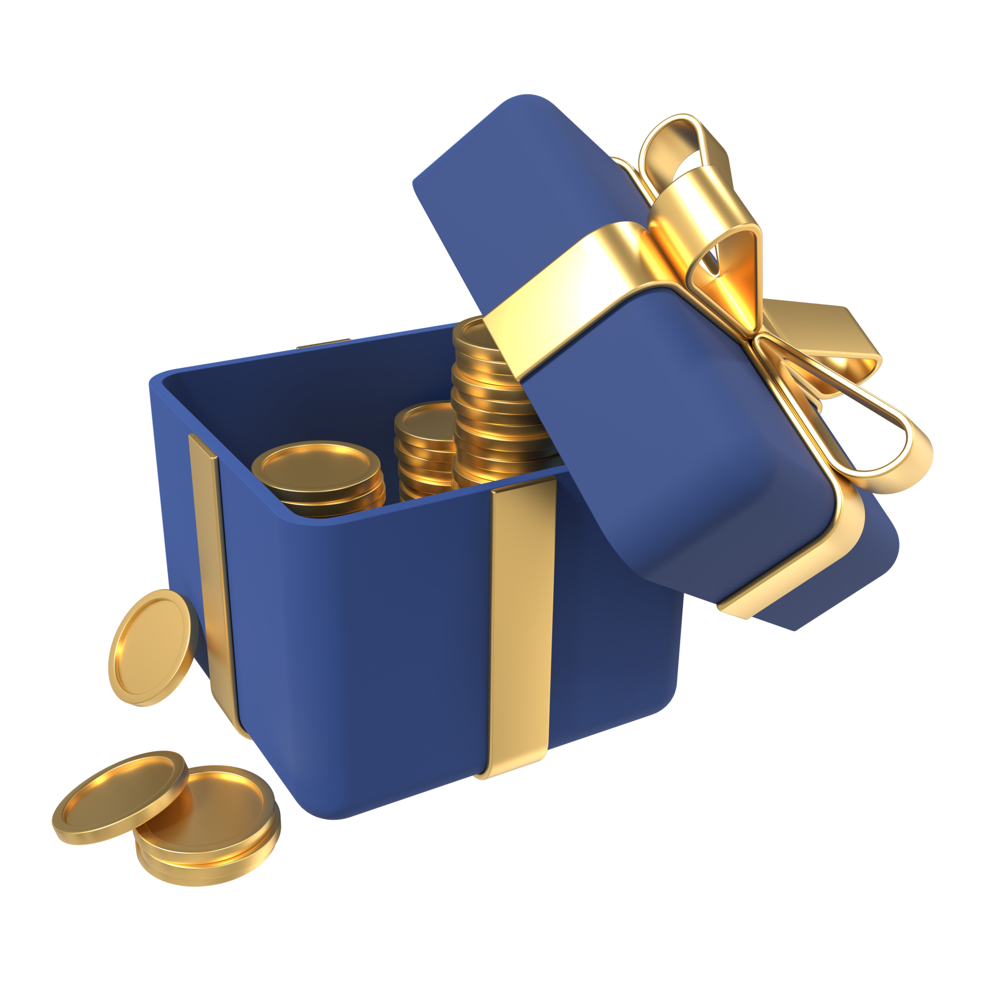 3D open gift box with golden coins and ribbon. Money prize reward. Earn