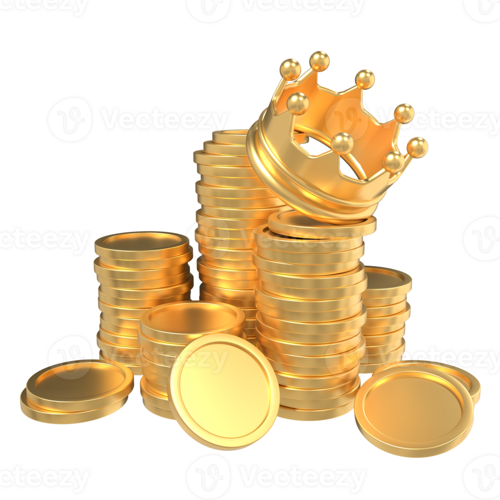 Stack of golden coins with a crown. Finance and investment concept. King money icon symbol. 3D rendering png