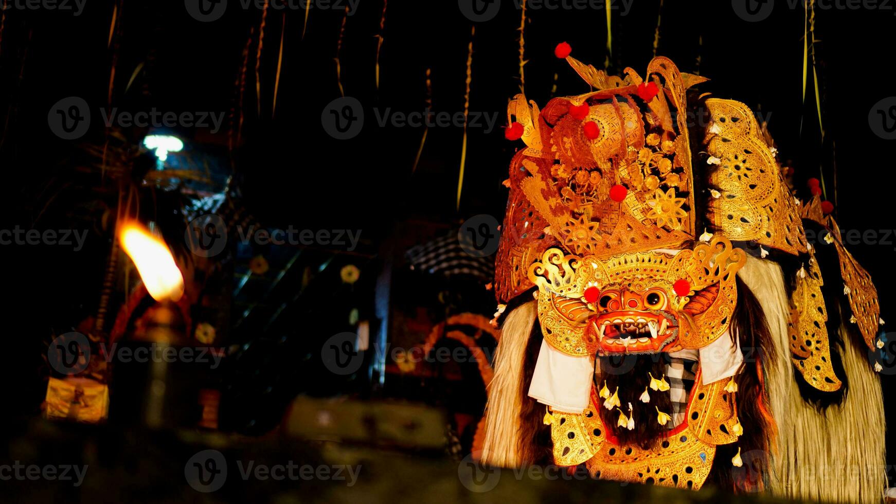 Barong dance staged to celebrate Saraswati's feast day, night day. Balinese dance and dancer, spooky photo