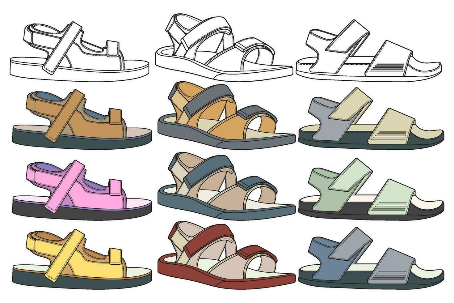 Strap sandals coloring drawing vector, strap sandals drawn in a sketch style, bundling strap sandals template full color, vector Illustration.