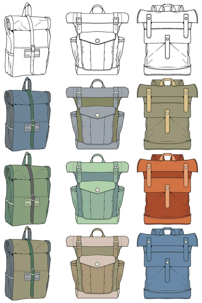 Hand drawn colorfull Vector Set of Backpacks. Cartoon Casual Backpack, cool backpack colorfull. Backpacks Vector illustration.