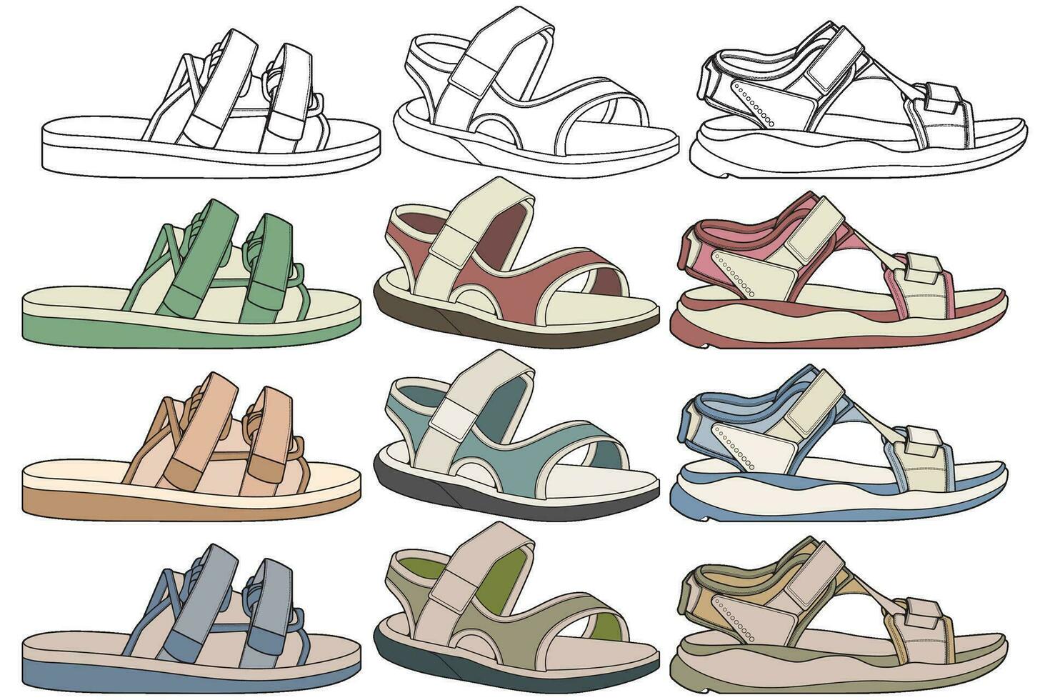 Strap sandals coloring drawing vector, strap sandals drawn in a sketch style, bundling strap sandals template full color, vector Illustration.