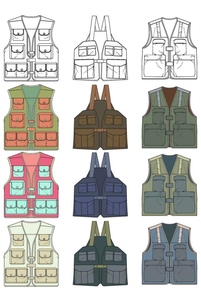 full color vector drawing vest set, vest with sketch style, training template vector vest, vector illustration.