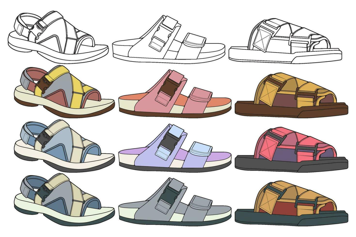 Strap sandals coloring drawing vector, strap sandals drawn in a sketch style, bundling strap sandals template full color, vector Illustration.