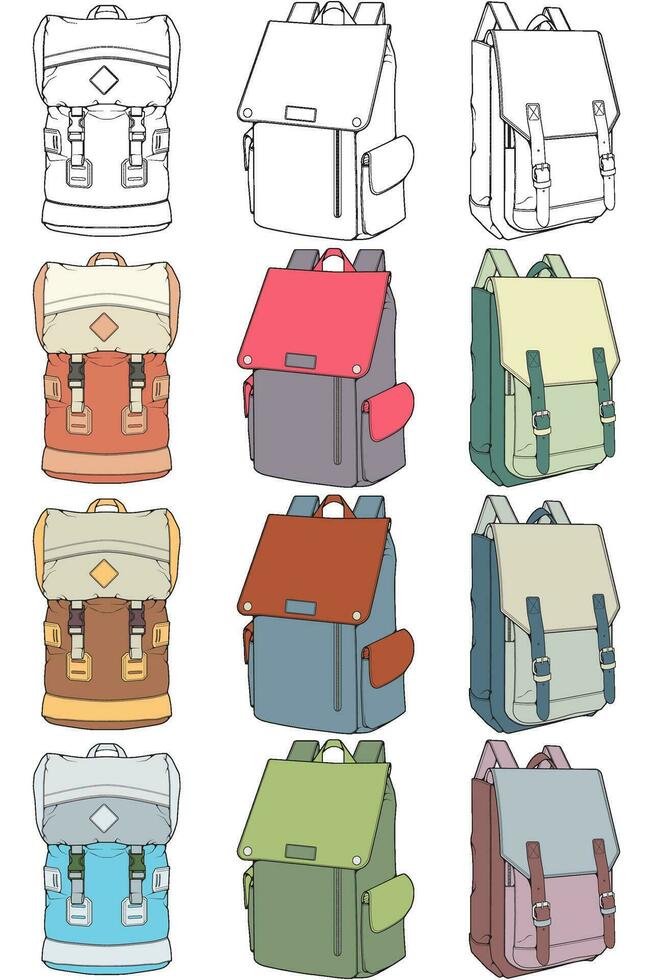 Hand drawn colorfull Vector Set of Backpacks. Cartoon Casual Backpack, cool backpack colorfull. Backpacks Vector illustration.