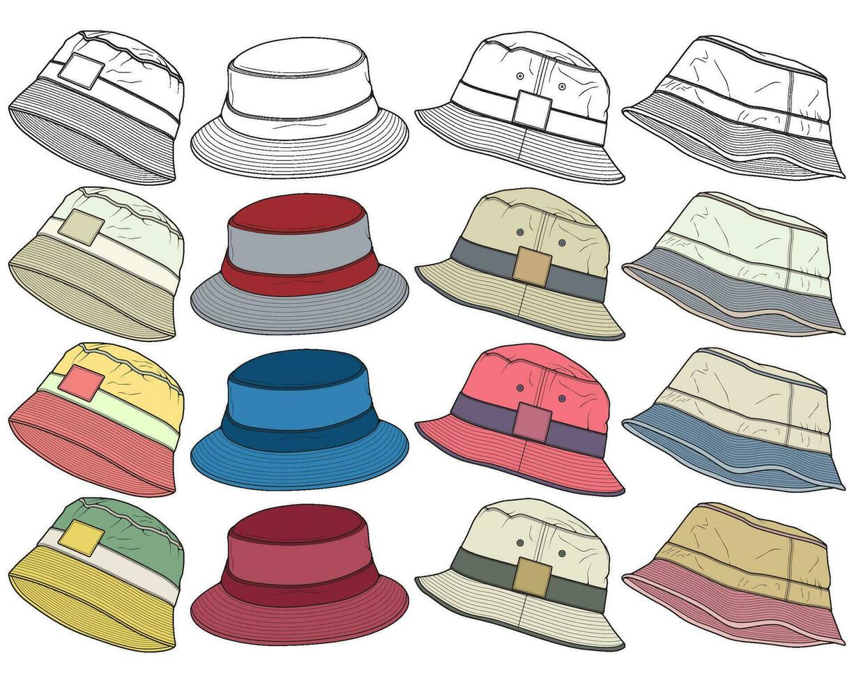 set of color full bucket hat drawing vector, color full bucket hat in a sketch style,  template color full for training, vector Illustration.