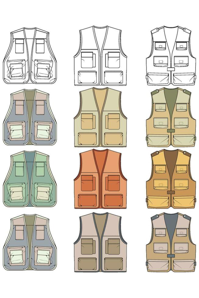 full color vector drawing vest set, vest with sketch style, training template vector vest, vector illustration.