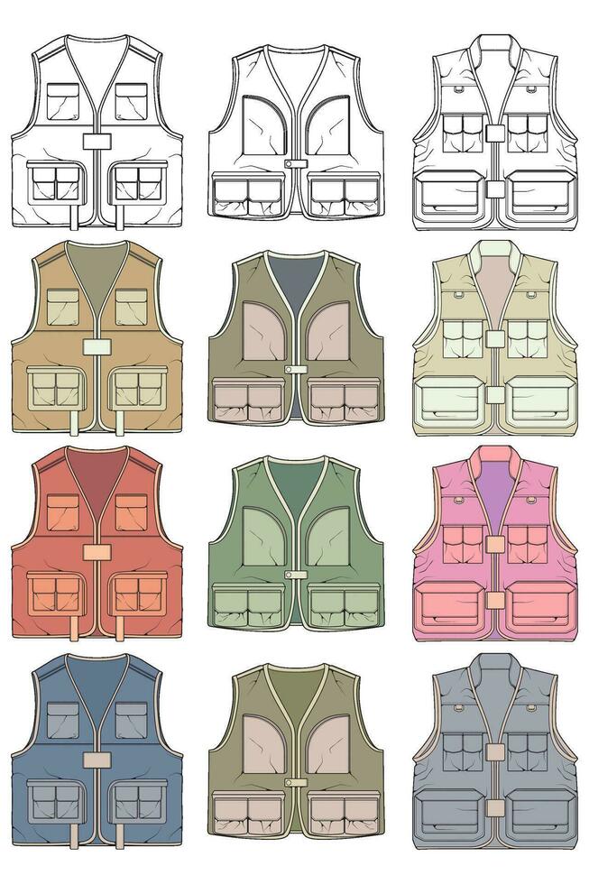 full color vector drawing vest set, vest with sketch style, training template vector vest, vector illustration.