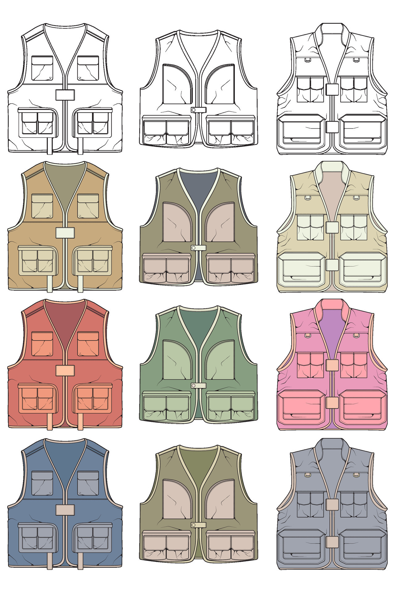 full color vector drawing vest set, vest with sketch style, training ...