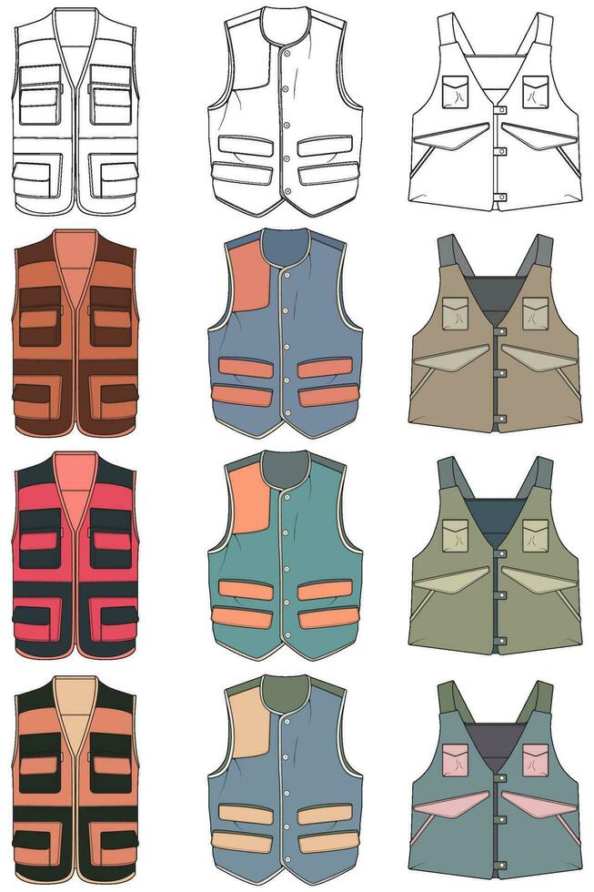 full color vector drawing vest set, vest with sketch style, training template vector vest, vector illustration.