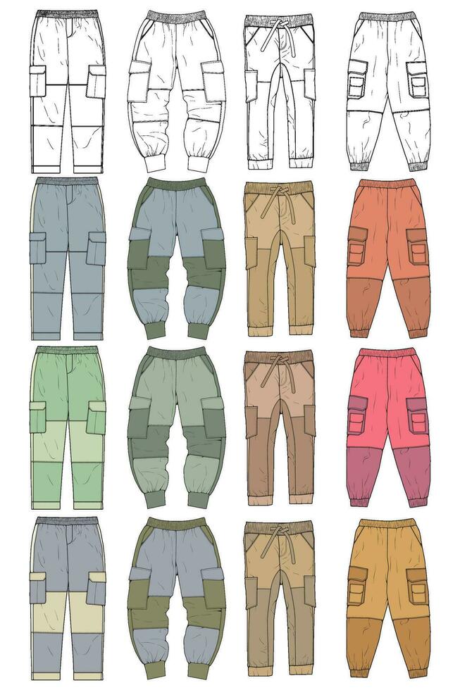 Cargo Pants colorful fashion hand drawing technical  template. Cargo pocket fashion mockup for training. vector