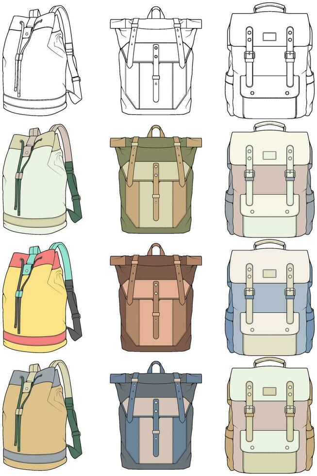 Hand drawn colorfull Vector Set of Backpacks. Cartoon Casual Backpack, cool backpack colorfull. Backpacks Vector illustration.