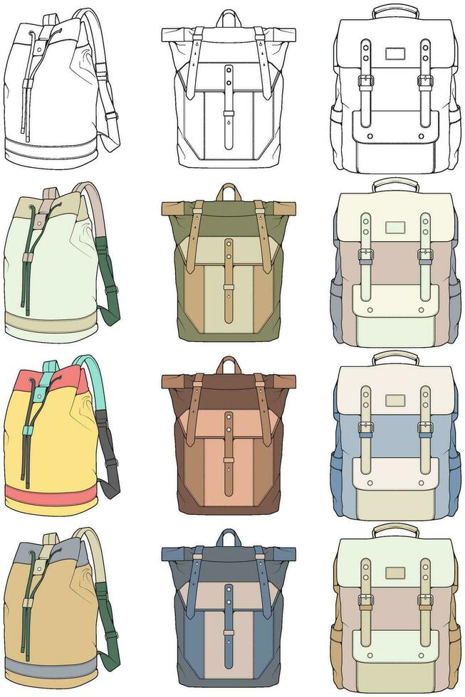 mano dibujado colorido vector conjunto de mochilas dibujos animados casual mochila, frio mochila colorido mochilas vector ilustración.