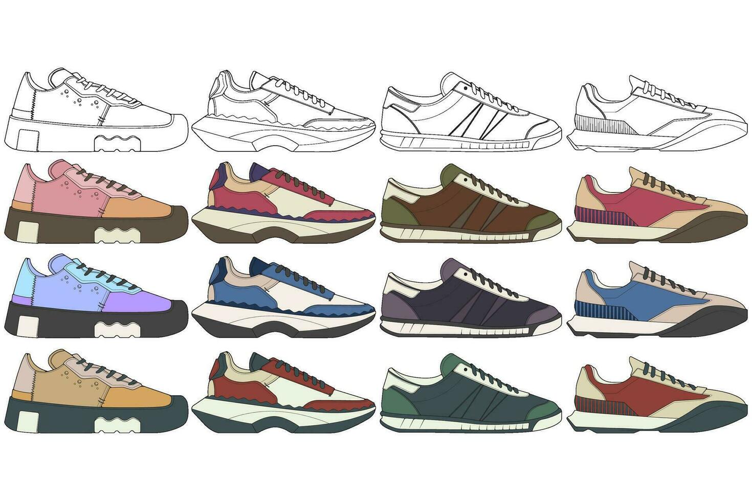 conjunto de zapatillas ilustración en vistoso dibujos, zapatillas vector línea Arte aislado, empaquetar zapato ilustración modelo.