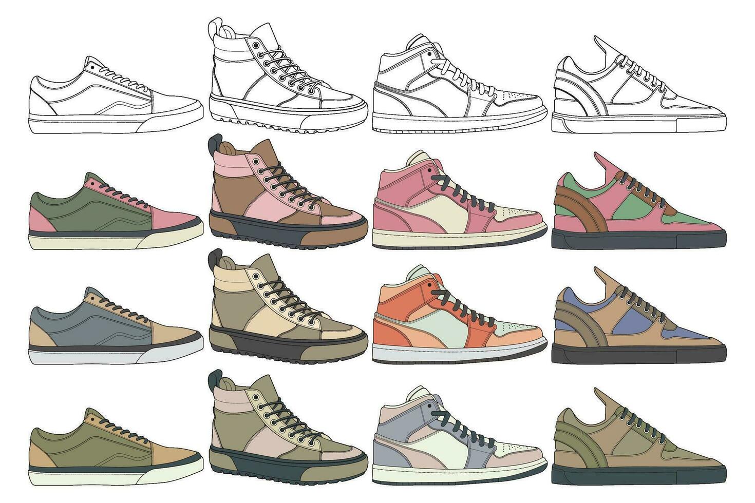 Set of sneakers illustration in colorful drawings, sneakers vector line art isolated, bundling shoe illustration template.