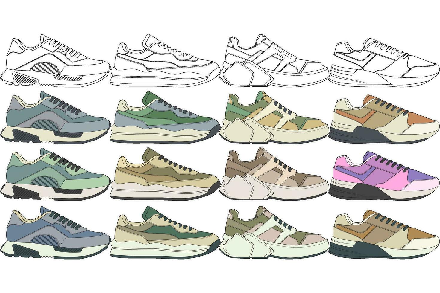 Set of sneakers illustration in colorful drawings, sneakers vector line art isolated, bundling shoe illustration template.