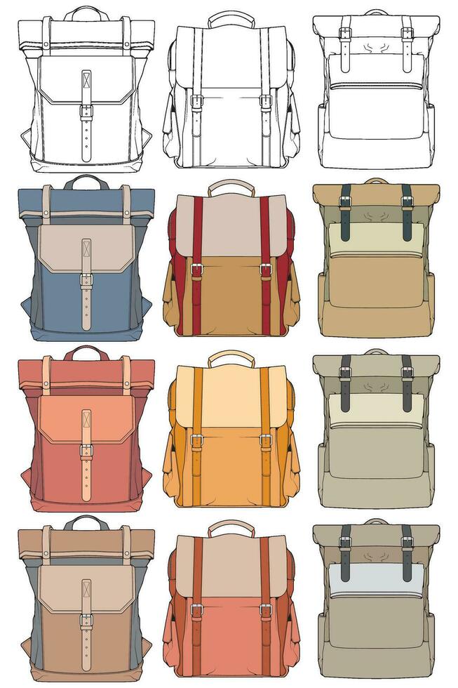 Hand drawn colorfull Vector Set of Backpacks. Cartoon Casual Backpack, cool backpack colorfull. Backpacks Vector illustration.