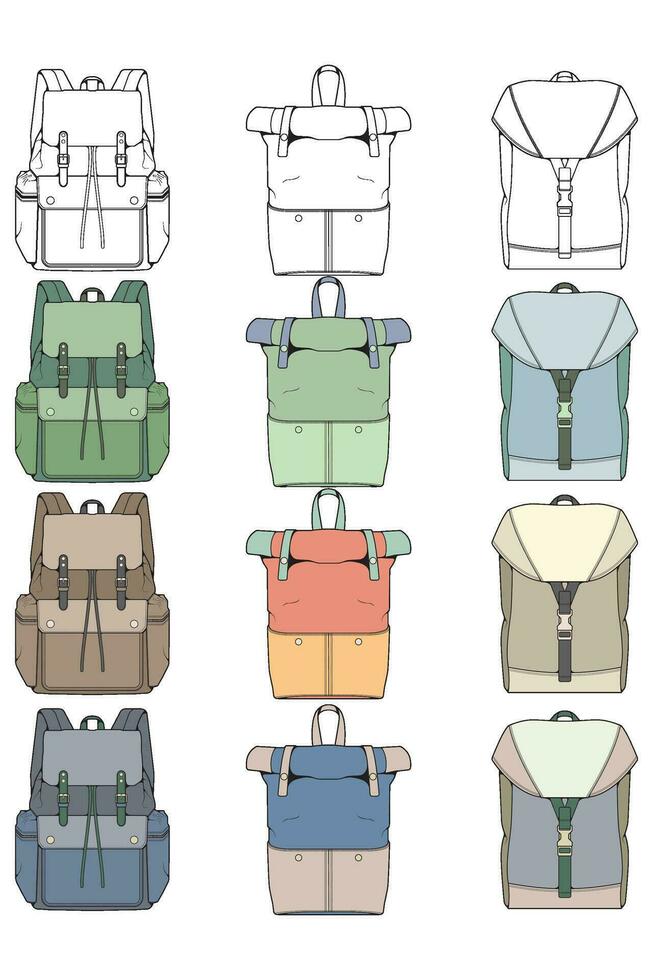 Hand drawn colorfull Vector Set of Backpacks. Cartoon Casual Backpack, cool backpack colorfull. Backpacks Vector illustration.