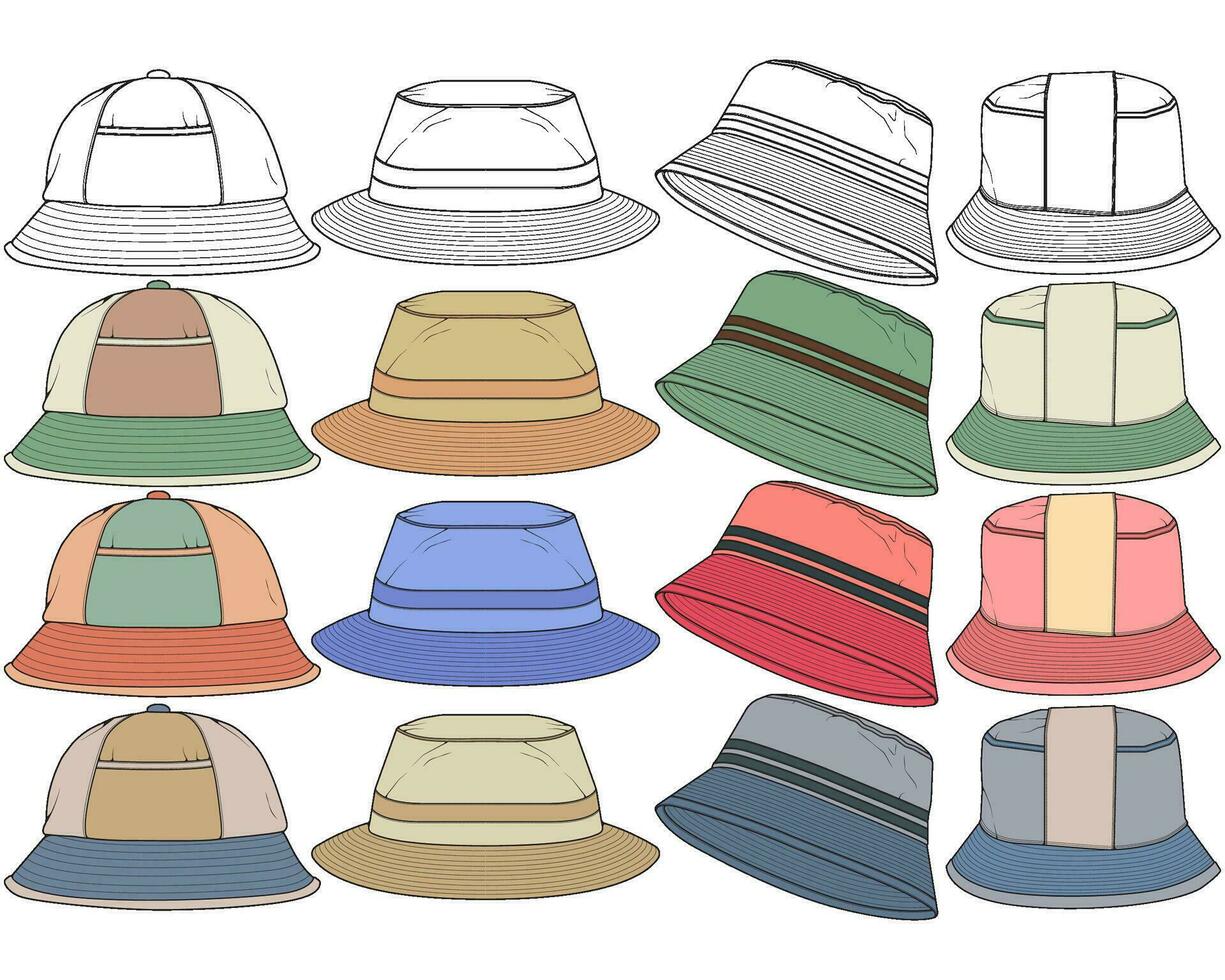 set of color full bucket hat drawing vector, color full bucket hat in a sketch style,  template color full for training, vector Illustration.