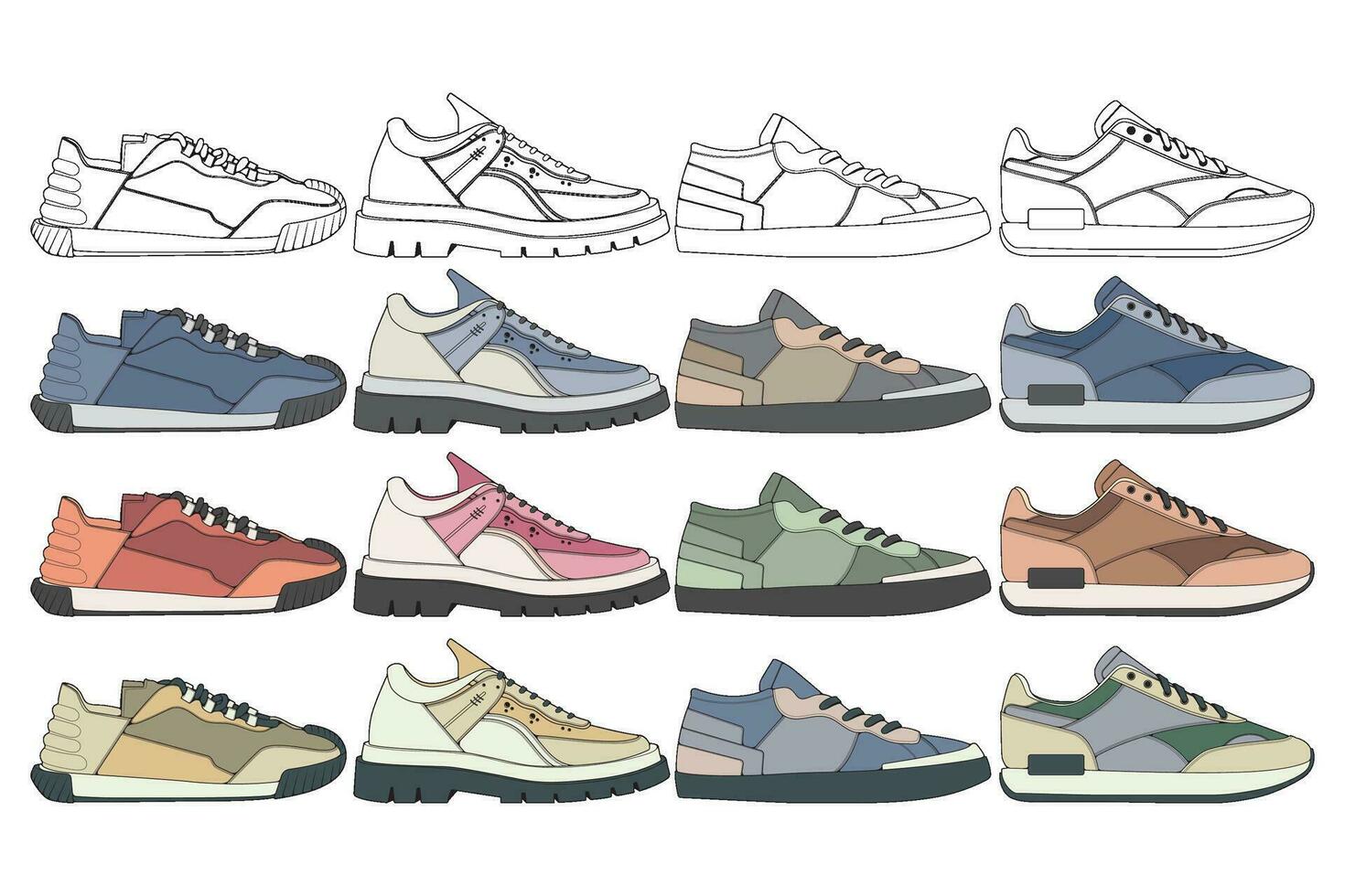 Set of shoes sneaker drawing vector, Sneakers drawn in a sketch style, bundling sneakers trainers template, vector Illustration.