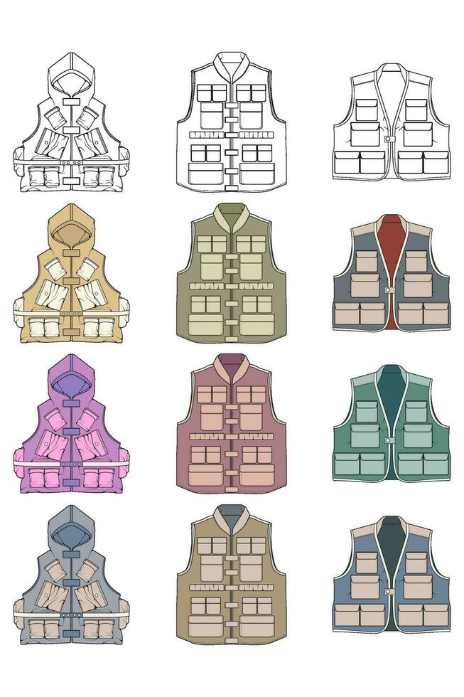 full color vector drawing vest set, vest with sketch style, training template vector vest, vector illustration.