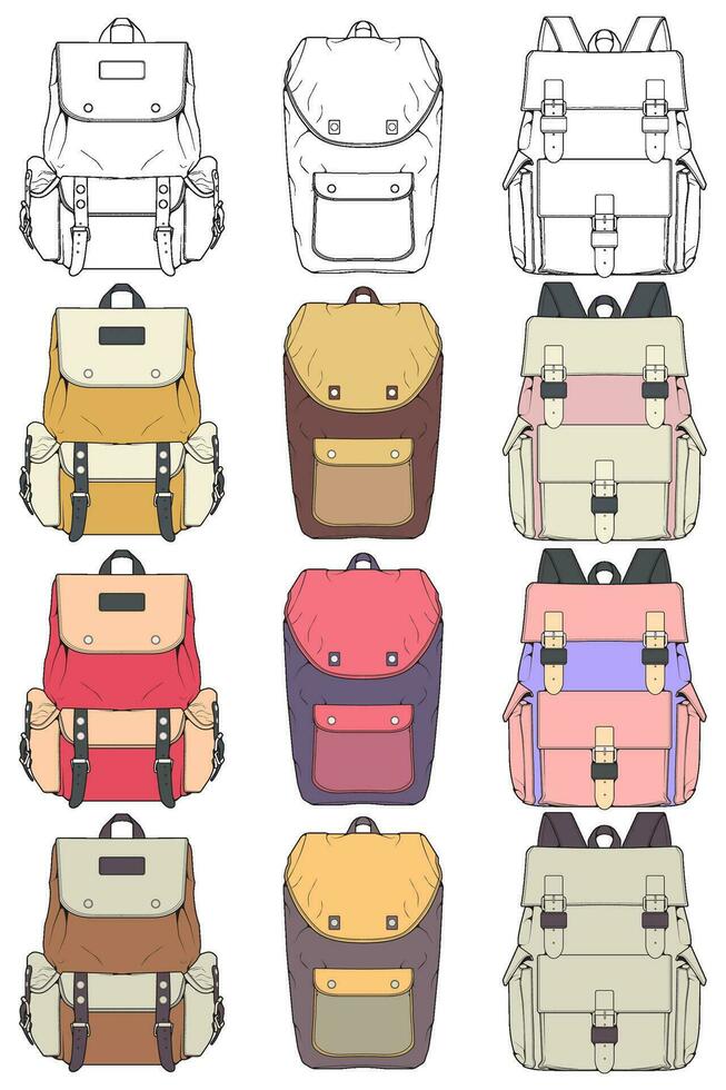 Hand drawn colorfull Vector Set of Backpacks. Cartoon Casual Backpack, cool backpack colorfull. Backpacks Vector illustration.